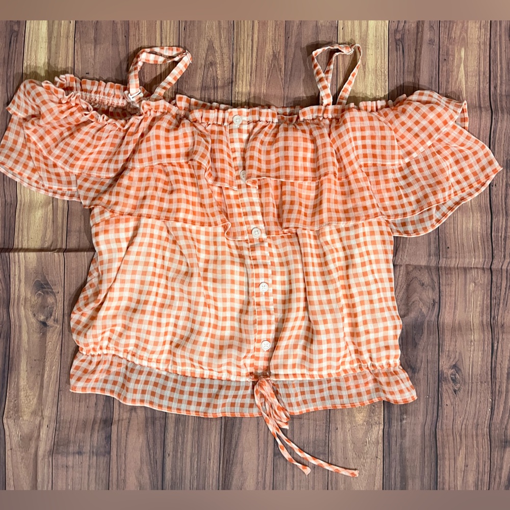 LC Lauren Conrad Peach Gingham Ruffle Top